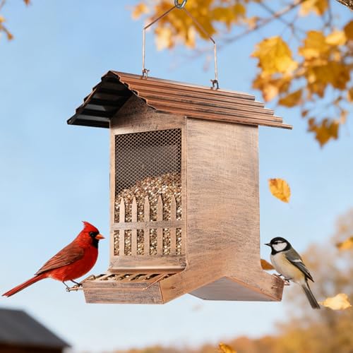 Large Bird Feeder, Extra Large 8 Lbs Capacity with 2-Side Feeding, Weatherproof Wasteproof Hanging Metal Bird Feeders for Outdoor, Easy to Clean & Refill