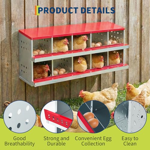 62.99" Metal Chicken Nesting Box, 10-Compartment 2-Tier Poultry Nest Box with Perch and Ventilation Holes, Red Roof Hen Laying Box for Up to 10 Chickens - color: Red A, size: 63.0"L x 18.9"W x 28.0"H