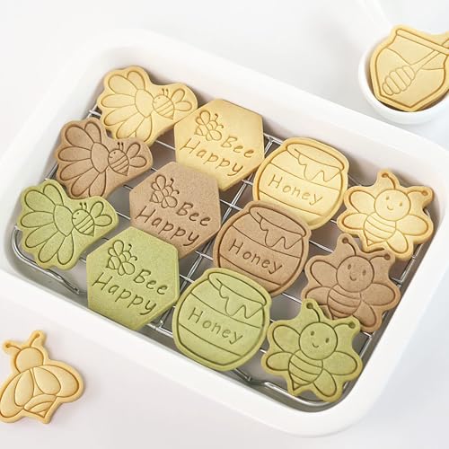 Bee Cookie Cutters with Cookie Stamps 8Pcs Honeycomb Fondant Baking Molds | Bee Honey Jar Honeycomb Cookie Molds, Ideal DIY Baking Supply for Bee Party, Baby Shower & Gift Making - color: Honeycomb
