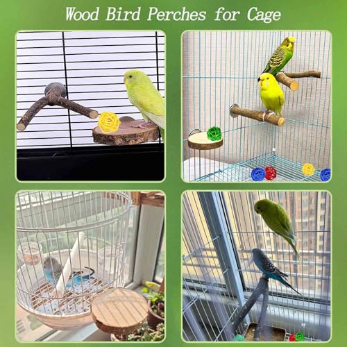 8 PCS Natural Wood Bird Perches Stand for Cage, 5 PCS Parrot Rattan Balls, Wooden Hanging Multi-Branch Perches Platform, Hammock Swing Toy for Parakeets, Budgies, Cockatiels, Conures, Macaws (13 PCS)