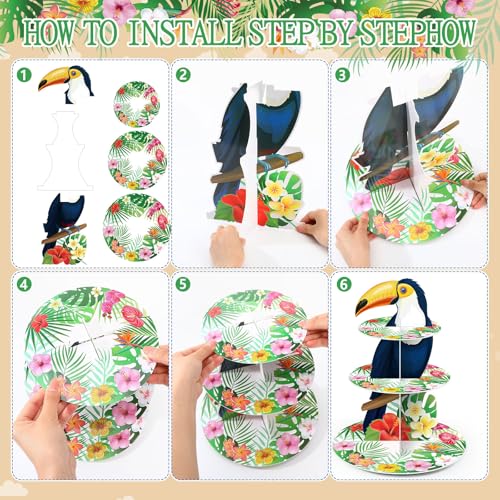 3 Tier Hawaiian Party Decor Bird Toucan Cupcake Stand Tropical Birds Cupcake Tower Luau Aloha Themed Cake Holder for Summer Luau Hawaiian Beach Pool Rainforest Birthday Party Decor Supplies - style: Hawaiian