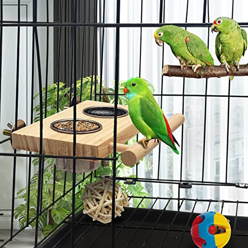 Tfwadmx Bird Food Stainless Steel Cups Wooden Perch Stand Hanging Feeder Bowls Feeding and Watering Supplies for Parakeets Conures Cockatiels Budgie Parrot - size: 8’’x 5’’