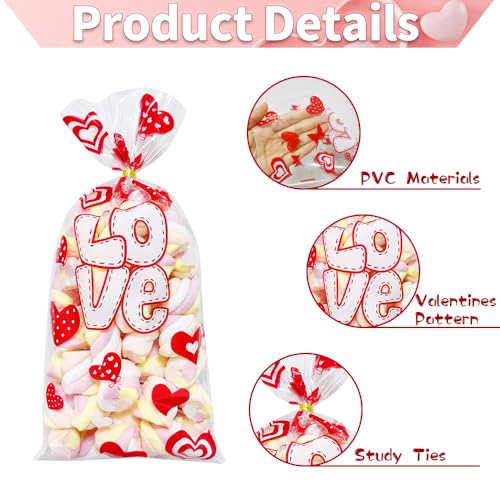 Valentines Cellophane Treat Bags, Valentines Candy Bags, 100 PCS Valentines Goodies Bags, Valentines Plastic Bags with 110pcs Gold Ties, Valentines Gift Bags for Valentines Day Party Favor Supplies - color: Red Valentines 100pcs