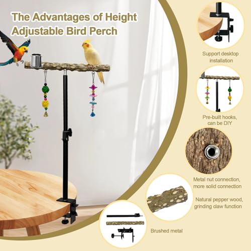 18-27 Inch Height Adjustable Bird Perch Pepper Wood Desktop Bird Training Perch Stand with Feeding Cups and Swing Toy Parakeet Perches Indoor and Outdoor Parrot Stand for Small to Medium Birds - size: Desktop Bird Perch with Feeding Cup