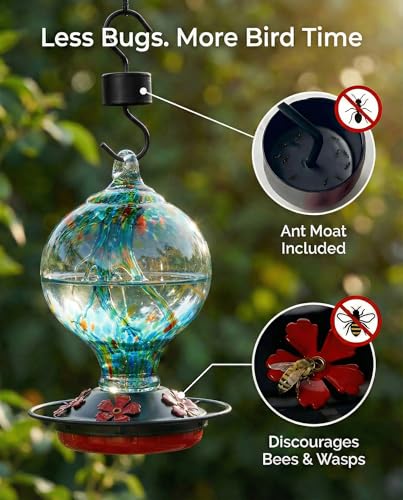 Hummingbird Feeder for Outdoors, 34 oz Hand-Blown Glass Bird Feeders | Decorative lnner Glass Humming Bird Feeder with Ant Moat Hook, Bee Guard Ports, Brush, Unique Garden Gift - color: Rainforest Blue