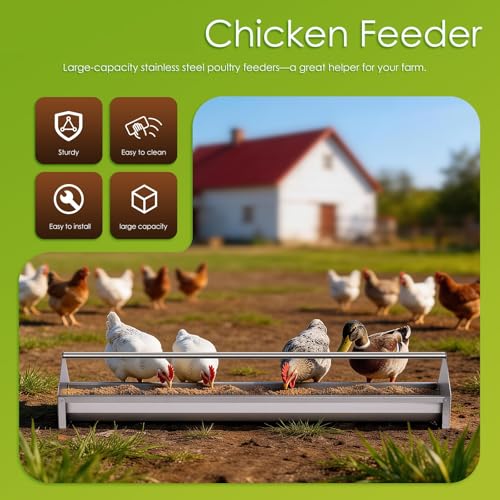 Chicken Feeding Trough 45" Chicken Feeder and Duck Feeder | Stainless Steel, Double Sided Poultry Chicken Feeder Trough, with Crossbar Large Capacity for Chicken Duck Goose Quail