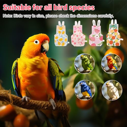 4pcs Reusable Bird Diapers, Cute Pet Bird Diaper with Waterproof Inner Washable Parrot Nappy Pants for Parakeet Cockatiel Budgie Pigeon Lovebird Canary (4 Fruit-Themed Styles)