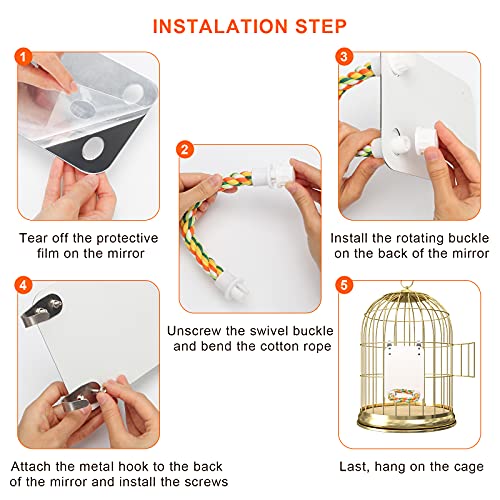 7" Bird Mirror for Cage, Parakeet Cockatiel Parrot Mirror with Rope Perch | Bird Swing Toys Parrot Grinding Stone with Bell for Parakeet Cockatoo Lovebirds Canaries