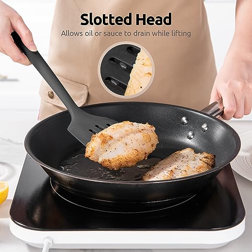 U-Taste Silicone Turner Spatula Set of 2, 13.6" Long/3.7" Wide, Black | 600ºF Heat Resistant Food Grade Silicone Cooking Utensils Set, Wide Large Solid & Slotted Turner Pancake Egg Flipper - color: Classic Black