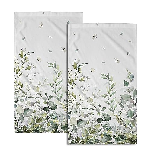 Sage Green Eucalyptus Hand Towels Set of 2 Watercolor Plant Leaves with Floral Fingertip Towels Soft Kitchen Dish Towel for Bathroom Laundry Room Spa Decor - color: Green Eucalyptus