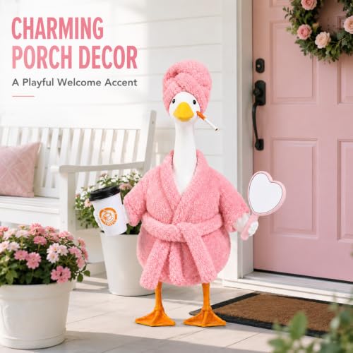 Old Lady Porch Goose Outfits 23 in Bathrobe Lawn Goose Costume Set Pink | 23 Inch, for Porch Goose Cement or Plastic Statue, with Shower Cap Coffee Cup Mirror , Lawn Yard Garden Patio Decor - style: Bathrobe light pink