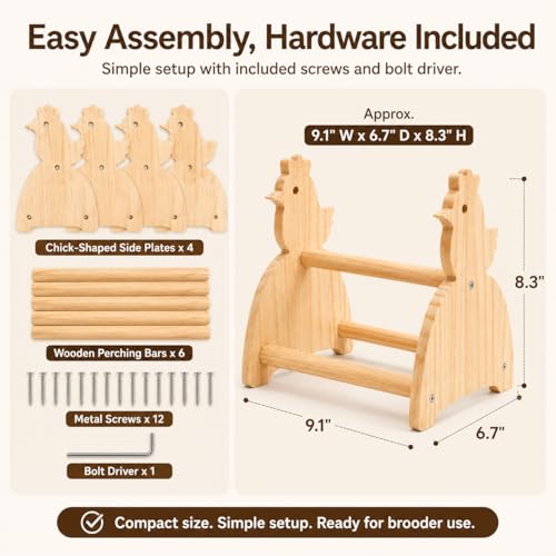 2 Pack Chick Perch Stand, Pine Wooden Roosting Perch for Brooder Coop, Chick-Shaped Chicken Jungle Gym Toy with 3 Perching Bars, Bird Perch for Baby Chicks & Small Birds