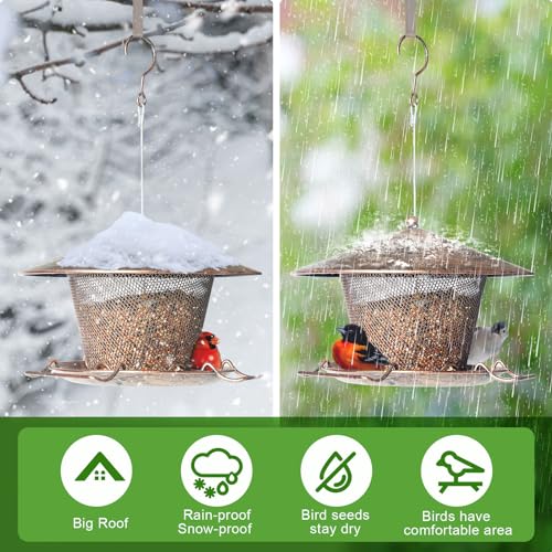 Metal Bird Feeder for Outdoor Hanging 9.8" Roof 3 LBs Seeds Capacity | Heavy Duty, Rainproof, Weatherproof, Rustproof, Large Dome, 360° Feeding, Attracts Various Birds, Easy to Refill & Clean