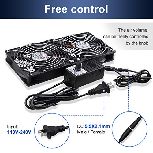 Wathai 2 x 120mm 240mm Computer Fan with AC Plug Cabinet Fan 110V 240V | Dual Ball Big Airflow 12V Cooling Fan with Variable Speed Control for External PC Case Cooling computer cabinet vent - style: 2x120mm fan
