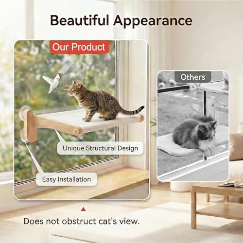 Cat Window Perch with Bird Feeder – Foldable Hammock, Strong Suction Cups for Indoor Cats(Nature) - color: Nature