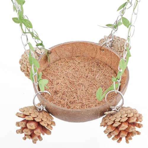 Bird Natural Coconut Nest Sugar Glider Hanging Swing Toy with Coconut Fiber Mat for Small Bird Parrot Parakeet Sugar Glider