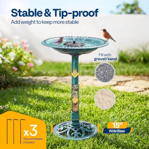 VIVOHOME Bird Bath with Solar Fountain for Outside, Pedestal, Green | Solar-Powered Pump, Weather-Resistant Polyresin, 20-Inch Bowl, for Outdoor/Garden, Bird-Friendly, Easy to Clean - color: Green