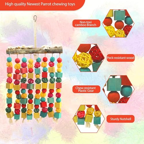 MQ Large Bird Parrot Toy,Bird Chewing Toy Natural Wooden Wooden Blocks Takraw Parrot Cage Bite Toy Suits for Large Medium Birds Macaws African Grey Cockatoos Amazon Parrots