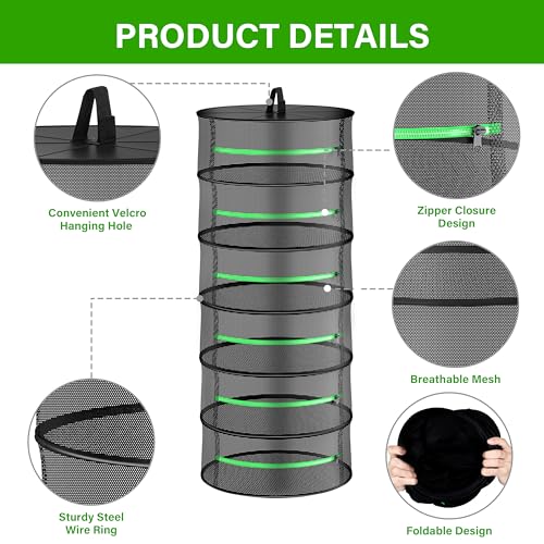 iPower 2ft 6-Layer Herb Drying Rack Breathable Mesh Hanging Dryer with Zippers Foldable Heavy Duty Ring for Garden Plant, Free Storage Bag and Hook Included, 2 Packs - size: 6-Layer