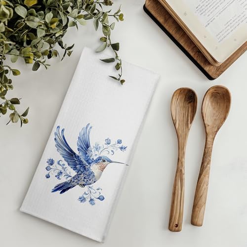 Blue and White Floral Hummingbird Kitchen Towels, Chinoiserie Spring Flower Bird Dish Tea Towels for Kitchen, Country Grandmillennial Birding Decorative Hand Towel for Bathroom, 16x24 Inches - color: Color 24