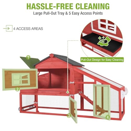 GUTINNEEN Chicken Coop with Wheels,Outdoor Hen House with Waterproof Asphalt Roof, Wooden Poultry Enclosure with Easy-Clean Slide-Out Tray,Poultry Cage with Nesting Boxes for Duck Rabbit Chicken-Red - size: 67.3"L x 26"W x 39.4"H-Red