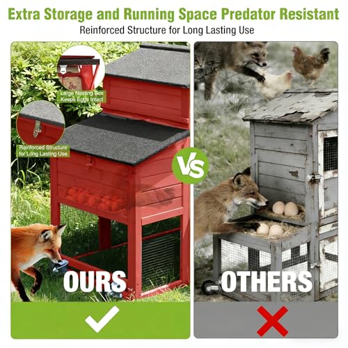 GUTINNEEN Chicken Coop with Wheels for 2-4 Chickens, Large Wooden Outdoor Hen House with Run, Waterproof & UV-Resistant Roof, Removable Leakproof Tray and Divided Nesting Box– Red - color: (Red-AIR32)