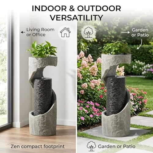 35.5" Tall Outdoor Water Fountain with LED Lights, Resin Cascading Waterfall Feature, Large Indoor/Outdoor Garden Fountains for Patio, Backyard, Porch and Home Decor - color: Gray