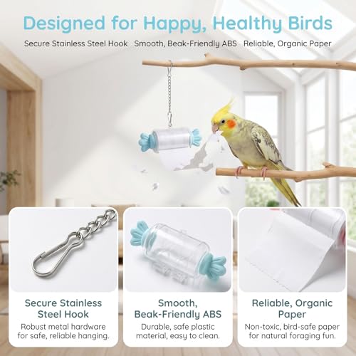 Bird Shredding Toys for Parrots,Parrot Rolling Paper Play Toy with Hanging Chain with Tissue Refill Packs,Interactive Chewing Accessory for Parakeet Cockatiel & Medium Parrot Cage Use (Green) - color: Green