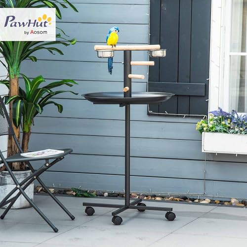 PawHut Bird Play Stand, Portable Parrot Perch, Bird Feeder Station, with Four Wheels, Stainless Steel Feeding Bowls, Round Tray, Grey | Bird Feeder Station, Stainless Steel Feeding Bowls