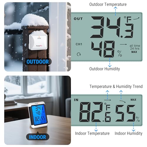 TempPro TempAir Indoor Outdoor Thermometer Digital Wireless Hygrometer | Temperature Humidity Monitor with Jumbo Touchscreen and Backlight Humidity Gauge,LCD - size: In-Outdoor