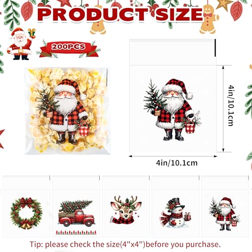 ZYLOP 200 Pcs Christmas Cellophane Treat Bags, 4x4 Inch Clear Self-Adhesive Christmas Candy Gift Goodie Bag for Cookie Cake Chocolate Packing Winter Holiday Christmas's Party Favors Supplies - color: Christmas 200pcs