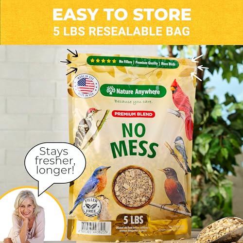 No Mess Wild Bird Seed for Outside Feeders, Sunflower Hearts Blend, 5 lb | no mess bird seed, shell free sunflower hearts for birds, kernel peanuts and hulled millet, no fillers, made in USA