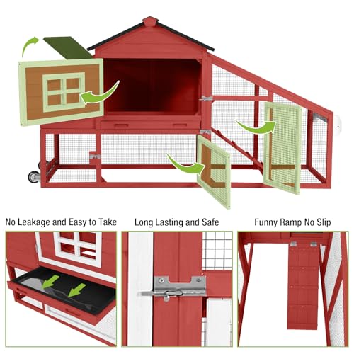 GUTINNEEN Chicken Coop Mobile Chicken House On Wheel Outdoor Rabbit Hutch for 2-4 Chickens 67"(Red) - color: Red