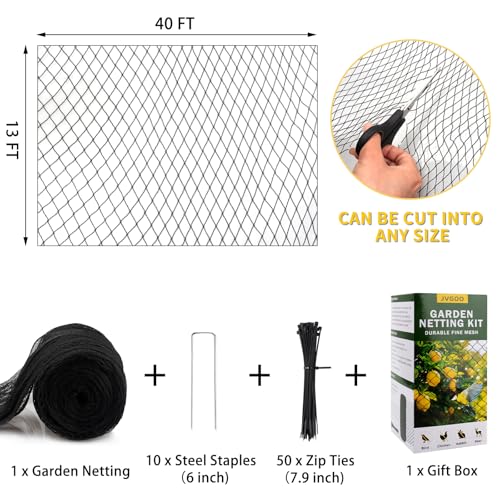 Bird Netting for Garden, 13 x 40 FT Bird Netting for Chicken Coop, Heavy Duty Garden Poultry Net Mesh with Ties and Staples for Fruit Trees Vegetables Against Birds, Deer, Squirrels