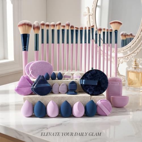 45 PCS Purple Makeup Brush Tools Set, Cosmetic Brush Sponge, Puff, Headband, Brush Cleaning Bow Set, Facial Makeup, Cleaning Accessories, Makeup Products, Valentine Day Item - color: Purple-45PCS