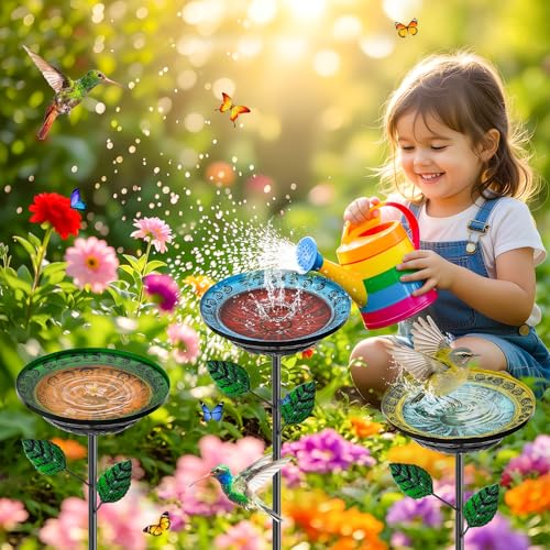 4 PCS Metal Bird Baths for Outdoors, Small Garden Bird Bath with Metal Stake, Hummingbird Feeder for Yard Lawn Decoration (Retro Double Color Splicing) - color: 4P - Retro Double Color Splicing