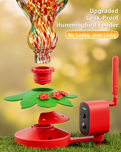 Hummingbird Feeder with Camera – 2.5K 5MP Solar-Powered Glass Bottle Smart Humming Bird Feeder with AI Recognition, Upgraded Leak-Proof & Ant Moat, Instant Alerts, Works with Alexa & Google Assistant