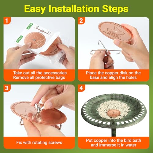Bird Bath Copper Disc with Base, Reinforced 99.99% Pure Copper Plate Cleaning Disk with Holder for Safe Clean Birdbaths Water All-Season, Fit All Bird Baths Bowls Fountain, 4inch, 0.6mm, 1 PCS - size: 1 PCS Set