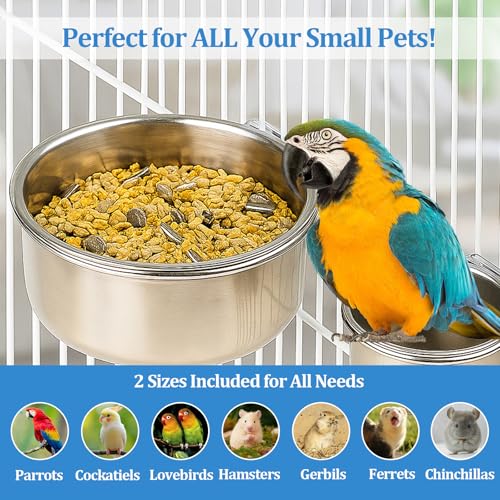 2 Pack Stainless Steel Bird Food Bowl Small Bird Feeding Dish Cups for Cage Parrot Food Bowl Cage with Clamp Holder for Parrots, Cockatiels, Small Animals (M+L) - size: M+L