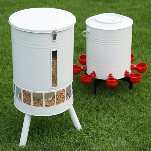 KOL 50LB Chicken Feeder & 3 Gallon Chicken Waterer Set, All-Metal 16 Port Feeder + 8 Cup Auto Waterer, No Waste, Weatherproof Poultry Feeding System Chicken Coop Accessories