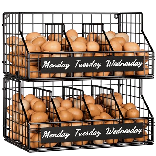 Egg Basket, Stackable Wall Mount Egg Holder Countertop with Weekday Labels | Rustproof carbon steel basket with adjustable dividers, ideal for backyard poultry, small kitchen & pantry storage, Black - color: Black, size: 2-Tier（with printed labels）