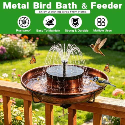 Deck Mounted Metal Bird Bath with Solar Fountain, Oval Clamp-On Bird Bath for Railing up to 3.9 Inch, Adjustable Balcony Birdbath for Patio Garden Yard Deck