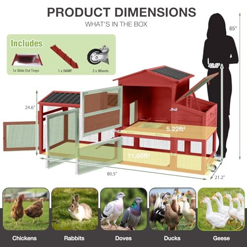 80" Large Chicken Coop on Wheels, with Run, Outdoor Wooden Hen House with Nesting Box, Leakproof Pull-Out Tray & Waterproof Roof, for 4–6 Chickens-Red - color: Red (AIR61-R)