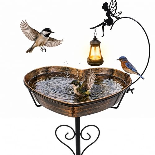 Solar Metal Heart Bird Bath for Outside, 48"H 14"Dia Removable Bowl,3.5 D | Upgraded 5-Pronged Base with Removable Vintage Freestanding Bowl , Birdbaths for Garden Yard Lawn Decor Gifts for Mom