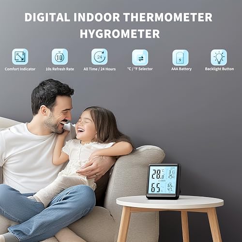 DOQAUS Hygrometer Indoor Thermometer Backlight Humidity Meter Black | 3.05in Large LCD Display, Digital Temperature Humidity Monitor with Max Min Records for Home, Bedroom, Baby Room, Greenhouse
