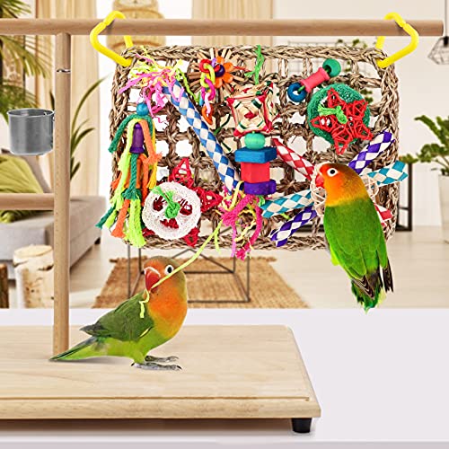 KATUMO Bird Toys, Large Bird Foraging Wall Toy, Woven Climbing Hammock Mat | Natural Grass Mat, Edible Seagrass, Colorful Chewing Toys, Suitable for Lovebirds, Finch, Parakeet, Budgie, Conure, Cockatiel - style: Stars