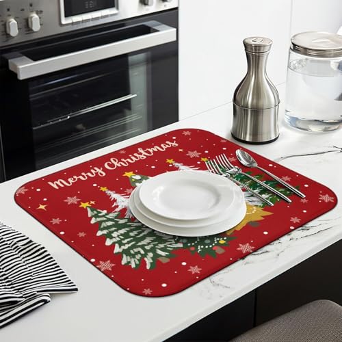 Christmas Kitchen Countertop Dish Drying Mat,Red Christmas Tree Snowflake Pattern Microfiber Kitchen Drying Mat, Washable Absorbent Countertop Xmas Winter Holiday Dish Mat Drainer,16x18In - color: christmas, size: 16" x 18"
