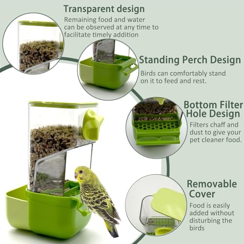 Automatic Bird Feeder for Cage No Mess Bird Feeder Water Dispenser Set | Acrylic Parrot Food Container Drinker Cage Accessories for Parakeet Canary Finch Cockatiel Lovebirds - color: Green + Blue