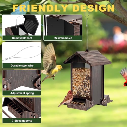 Squirrel Proof Bird Feeder for Outdoor Hanging,Metal Bird Seed Feeder with Bilateral Weight Activated Perches,5LB Large Capacity Wild Bird Feeders for Outside,Easy Refill and Clean,Brown - color: Brown