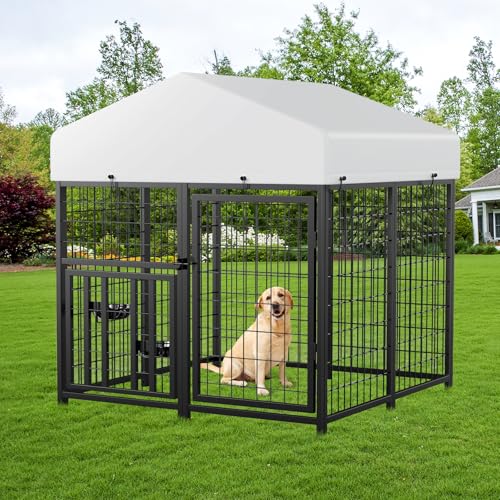ROOMTEC Large Dog Kennel Outdoor Pet Pens Dogs Run Enclosure Animal Hutch Metal Coop Fence with Roof Cover (4'L x 4'W x 4.25'H) - size: 48.0"L x 47.0"W x 51.0"H